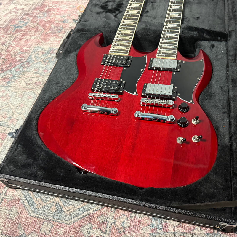 Harley Benton Double Neck DC-Custom 612 Electric Guitar in Cherry w/Hardcase