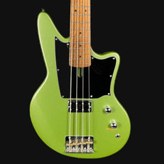 Green electric bass guitar with a black background