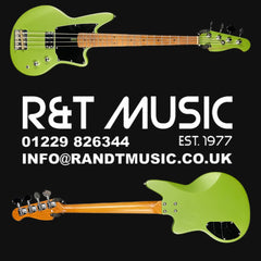 Green bass guitar on a black background with R&T Music branding and contact information.