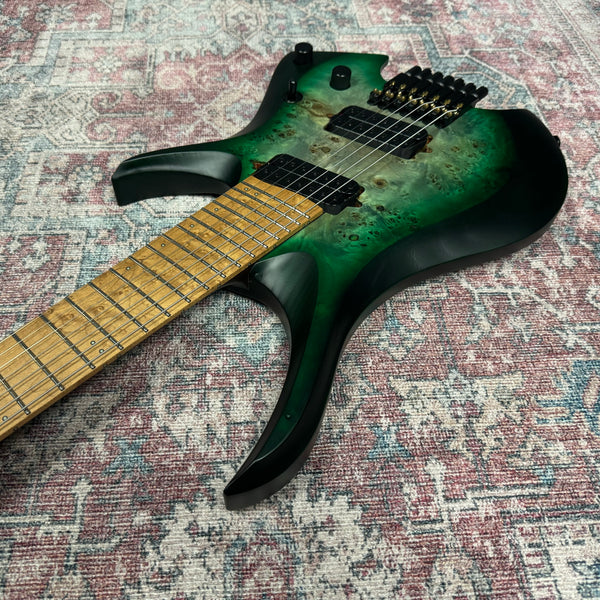 Headless Multiscale 7 String Electric Guitar in Trans Green Burst w/Deluxe GigBag