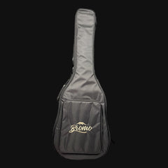 Gray guitar case with 'Bromo' logo on a black background