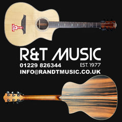 Acoustic guitar with R&T Music branding and contact information on a black background