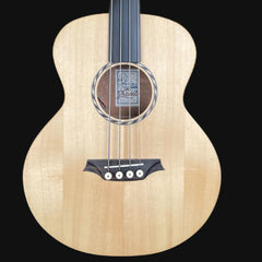Acoustic guitar body with brand label on a black background
