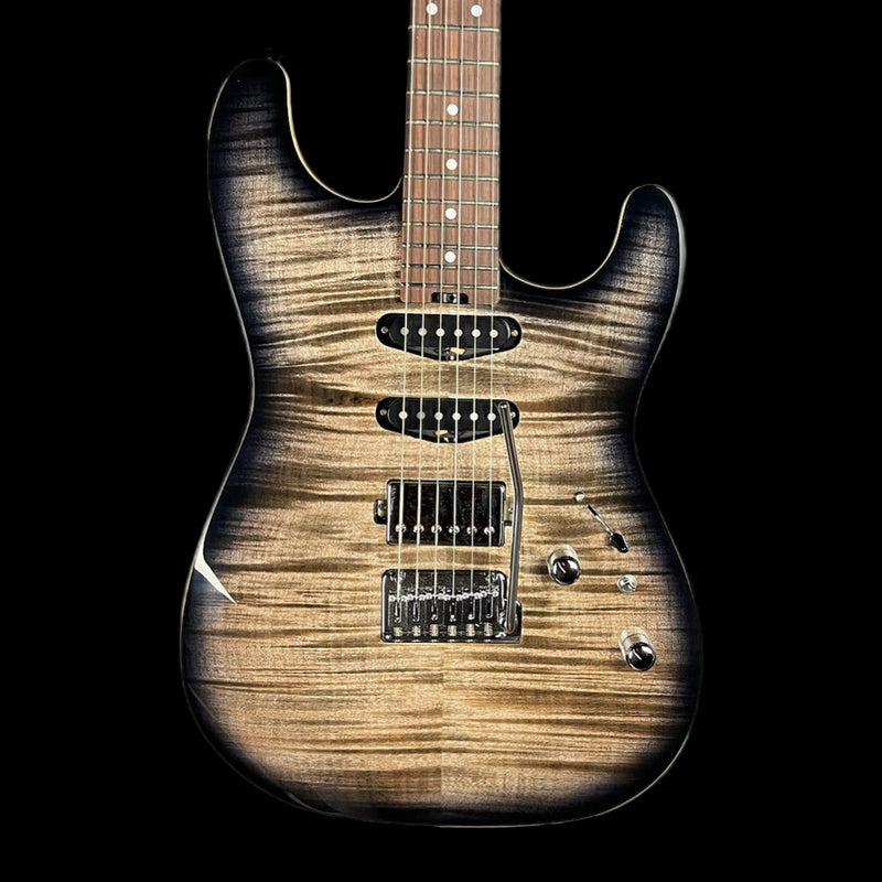 Wooden electric guitar with a black background