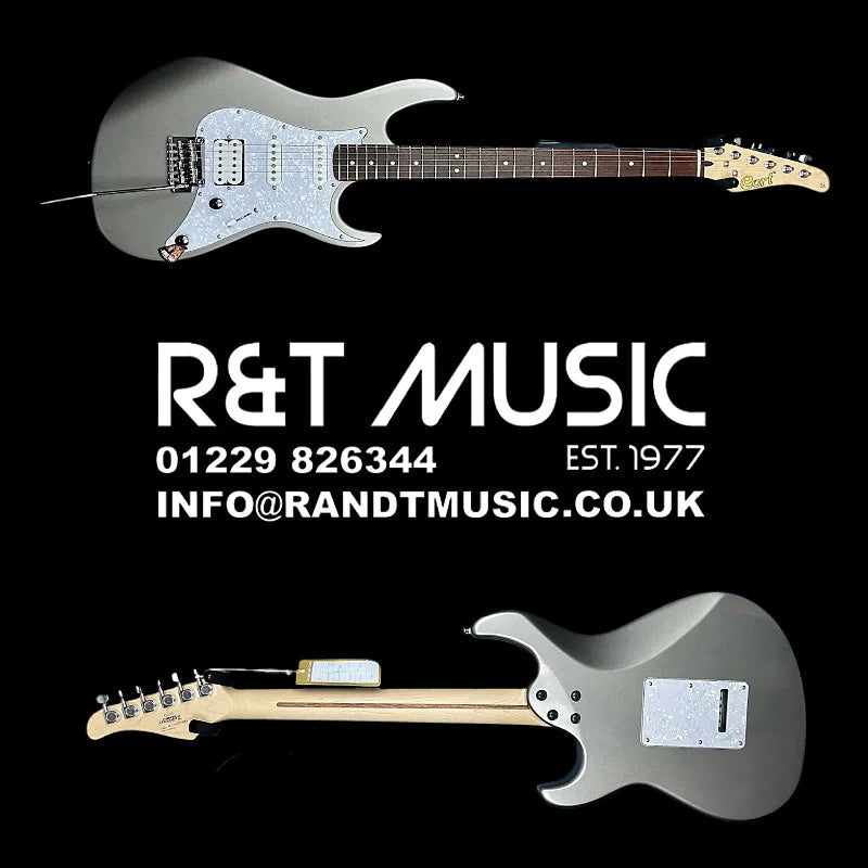 Two electric guitars displayed with R&T Music contact information on a black background.