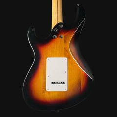 Electric guitar with a sunburst finish on a black background