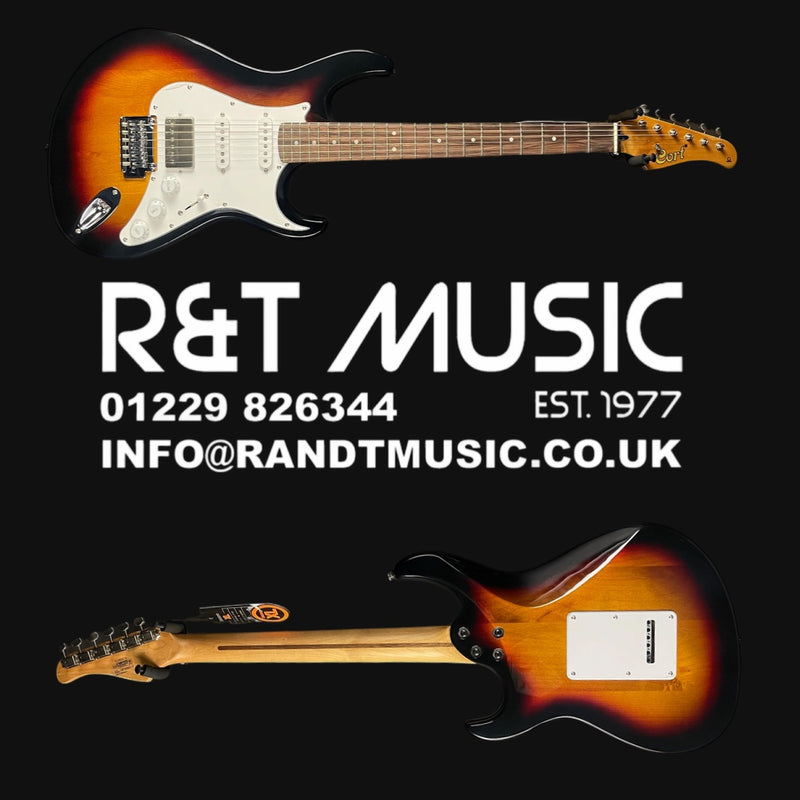 Electric guitar with R&T Music branding and contact information on a black background