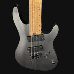 Electric guitar with a metallic finish and wooden fretboard on a black background