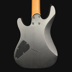 Back view of a matt black electric guitar with a wooden neck on a black background