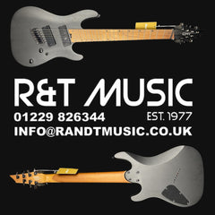 Guitar with R&T Music branding and contact information on a black background
