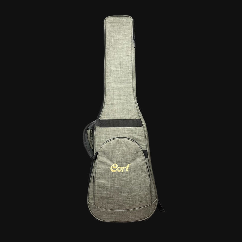 Gray guitar case with 'Cort' branding on a black background