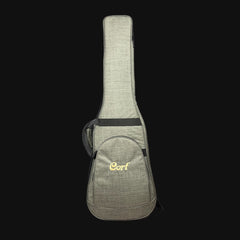 Gray guitar case with 'Cort' branding on a black background