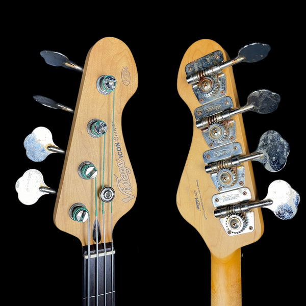Vintage V74MRJP Icon Fretless Bass in Distressed Sunset Sunburst inc Fender Flatwounds