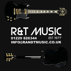 Black electric guitar with R&T Music branding and contact information on a black background