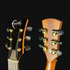 Two guitar heads with 'Faith' branding on a black background