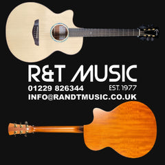 Acoustic guitar with R&T Music branding and contact information on a black background