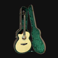 Acoustic guitar in a green case on a black background