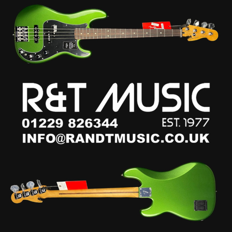 Green bass guitar with R&T Music branding and contact information on a black background