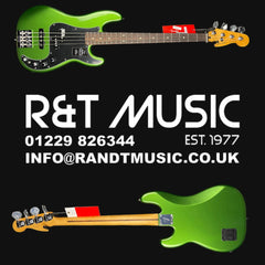 Green bass guitar with R&T Music branding and contact information on a black background
