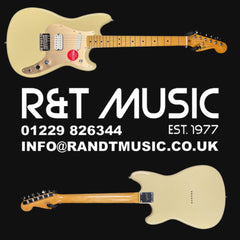 Beige electric guitar with R&T Music branding on a black background