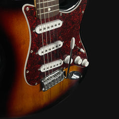 Close-up of a electric guitar with a dark background