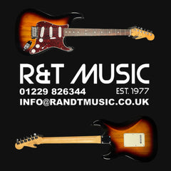 Electric guitar with R&T Music branding on a black background