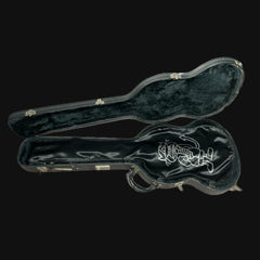 Black guitar case with a white logo on a black background