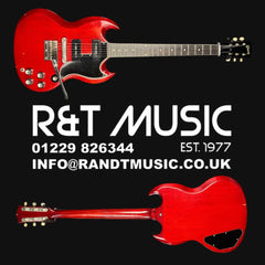 Red electric guitar with R&T Music branding on a black background
