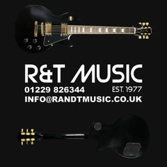 Black electric guitar with R&T Music contact information on a black background