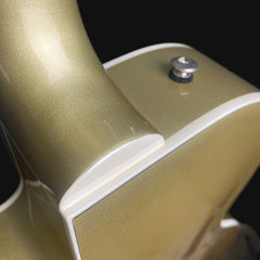 Close-up of a gold-colored electronic device with a screw on a black background