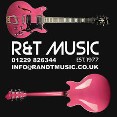 Pink electric guitar with R&T Music branding on a black background