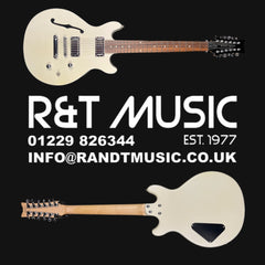 Guitar with R&T Music branding and contact information on a black background