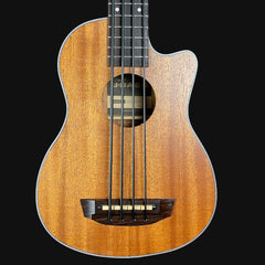 Wooden ukulele with brand name on a black background