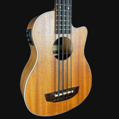 Wooden ukulele with a black pickguard on a black background