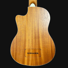 Back view of a U-Bass guitar with a wooden finish on a black background