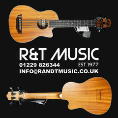Wooden ukulele on a black background with R&T Music branding.