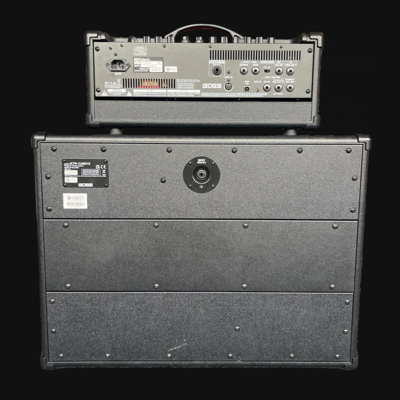 Guitar amplifier with front and back views on a black background