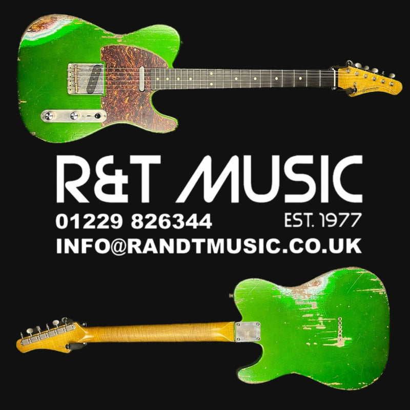 Green electric guitar with R&T Music branding on a black background