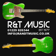 Green electric guitar with R&T Music branding on a black background