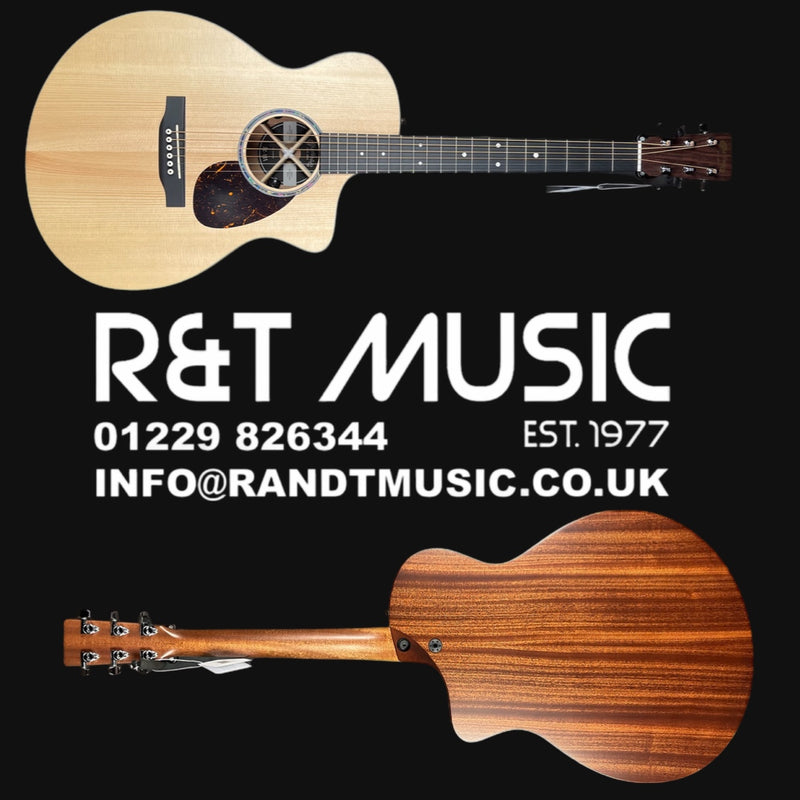 Acoustic guitar with R&T Music branding and contact information on a black background