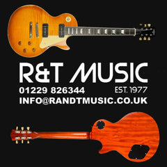 Guitar with R&T Music branding and contact information on a black background