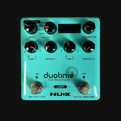 Nux Duotime Dual Delay Engine pedal with turquoise casing on a black background