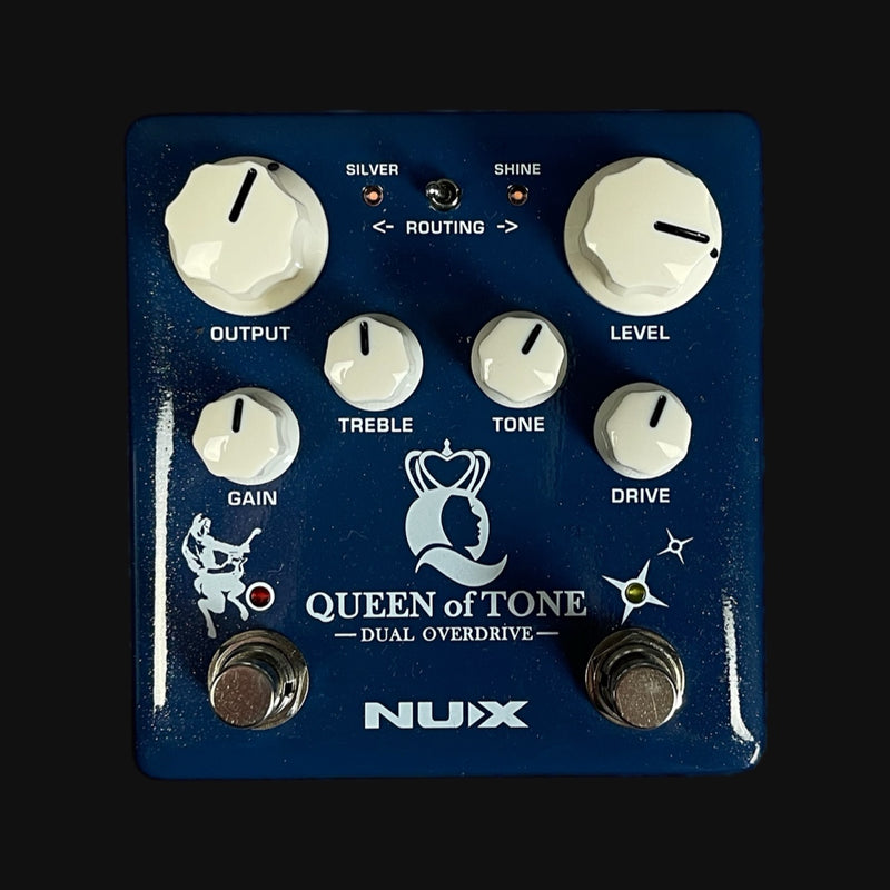 Guitar effects pedal with 'Queen of Tone' branding on a black background