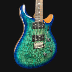 Blue and green electric guitar with a wavy pattern on a black background