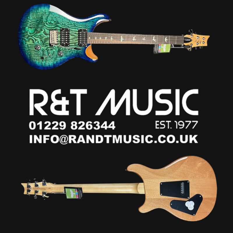 Guitar advertisement for R&T Music with contact information on a black background