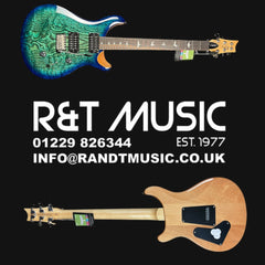 Guitar advertisement for R&T Music with contact information on a black background