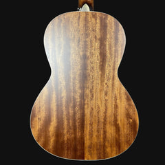 Back view of a wooden guitar on a black background