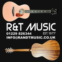 Acoustic guitar with R&T Music branding and contact information on a black background