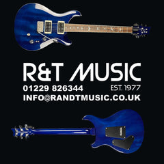 Blue electric guitar with R&T Music contact information on a black background