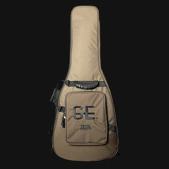 Brown guitar case with 'SE' logo on a black background